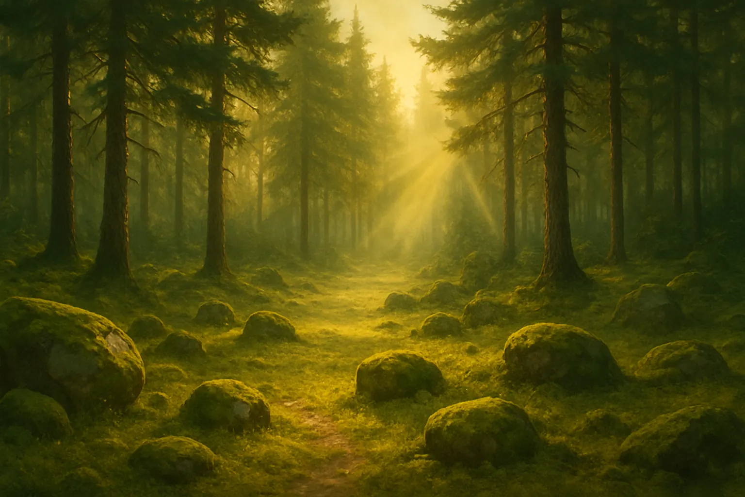 Metsäinen maisema pehmeässä kultaisessa valossa